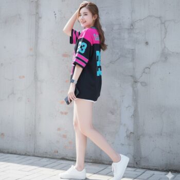 เสื้อ jersey oversize ดำชมพู สปอร์ตสตรีทผู้หญิง ใส่สบาย