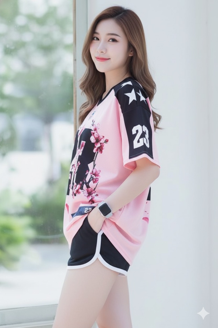 เสื้อ jersey oversize เสื้อ oversize สีชมพู แนวหวานเท่ ลายดอกไม้ 23 ผู้หญิง ใส่สบาย