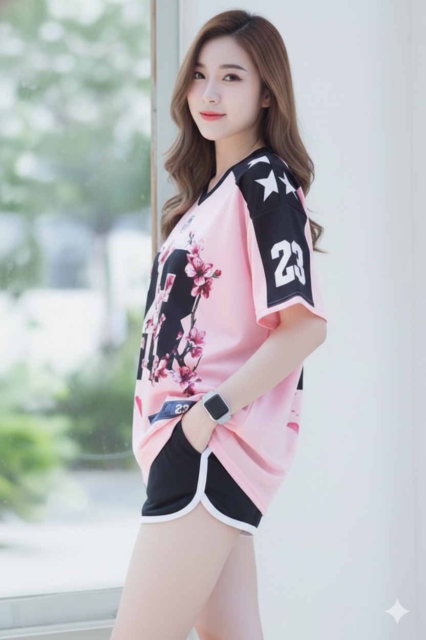 เสื้อ jersey oversize เสื้อโอเวอร์ไซส์ ผู้หญิง ผ้านุ่ม ระบายอากาศดี ลายดอกไม้สปอร์ต