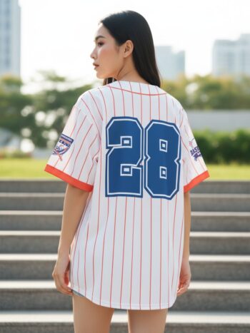 MOCKUPF3 - เสื้อเบสบอล Baiboon ลายทางสีแดงส้ม - ด้านหลัง นางแบบสวมใส่