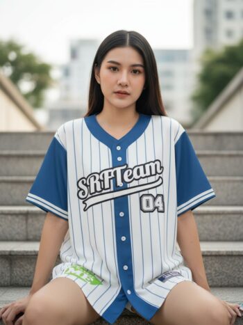 ORDER44BLUE - เสื้อเบสบอลลายทาง SRF Team - ด้านหน้า นางแบบสวมใส่