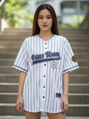 ORDER45V1 - เสื้อเบสบอลลายทาง Texas Team - ด้านหน้า นางแบบสวมใส่