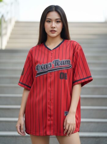 ORDER45V2 - เสื้อเบสบอลลายทาง Texas Team - ด้านหน้า นางแบบสวมใส่