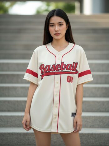 ORDER48 - เสื้อเบสบอล Baseball Vintage Style - ด้านหน้า นางแบบสวมใส่
