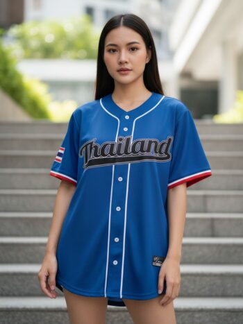 MOCKUPEDITD70880 - เสื้อเบสบอลทีมชาติไทย ผีเสื้อ - ด้านหน้า นางแบบสวมใส่