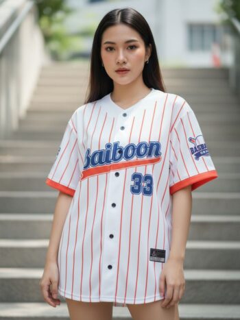 MOCKUPF3 - เสื้อเบสบอล Baiboon ลายทางสีแดงส้ม - ด้านหน้า นางแบบสวมใส่