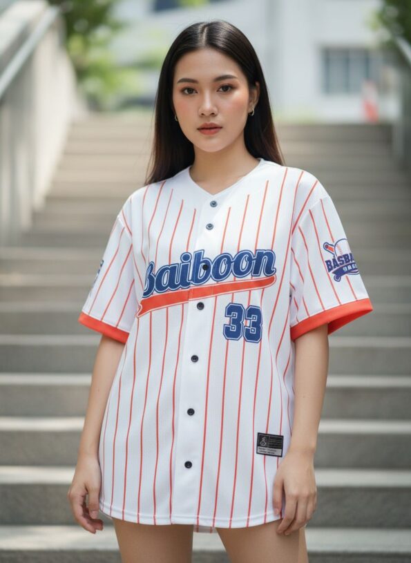 MOCKUPF3 - เสื้อเบสบอล Baiboon ลายทางสีแดงส้ม - ด้านหน้า นางแบบสวมใส่