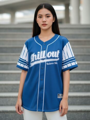 MOCKUPF4 - เสื้อเบสบอล Chill Out Balance Bike - ด้านหน้า นางแบบสวมใส่