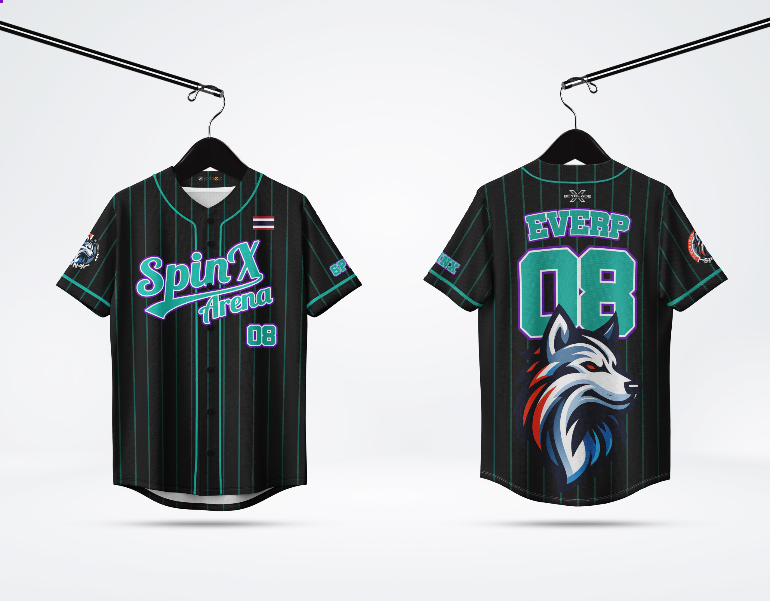 แบบเสื้อเบสบอล SpinX Arena แบบเสื้อเบสบอล SpinX Arena โทนดำเขียว ลายหมาป่า สั่งทำพิมพ์ลาย