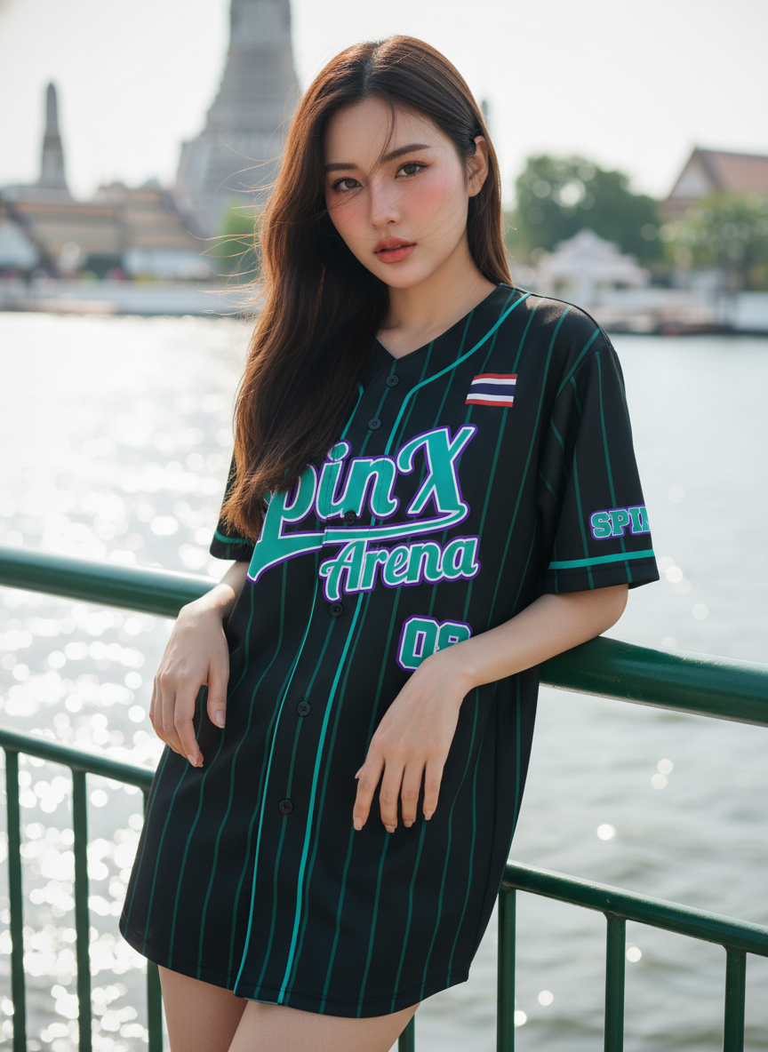 เสื้อเบสบอล SpinX Arena - นางแบบด้านหน้า เสื้อเบสบอลพิมพ์ลาย SpinX Arena สั่งทำ ออกแบบเอง ด้านหน้า