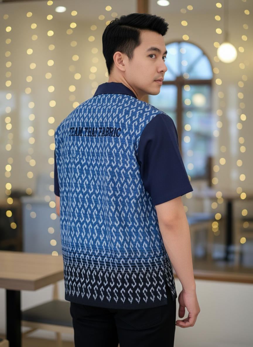 เสื้อทีมผ้าไทย ลายมัดหมี่ด้านหลัง กรมท่า เสื้อทีมผ้าไทย ลายมัดหมี่ด้านหลัง กรมท่า
