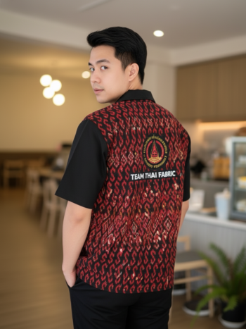 เสื้อทีมผ้าไทย ลายมัดหมี่ด้านหลัง แดง-ดำ