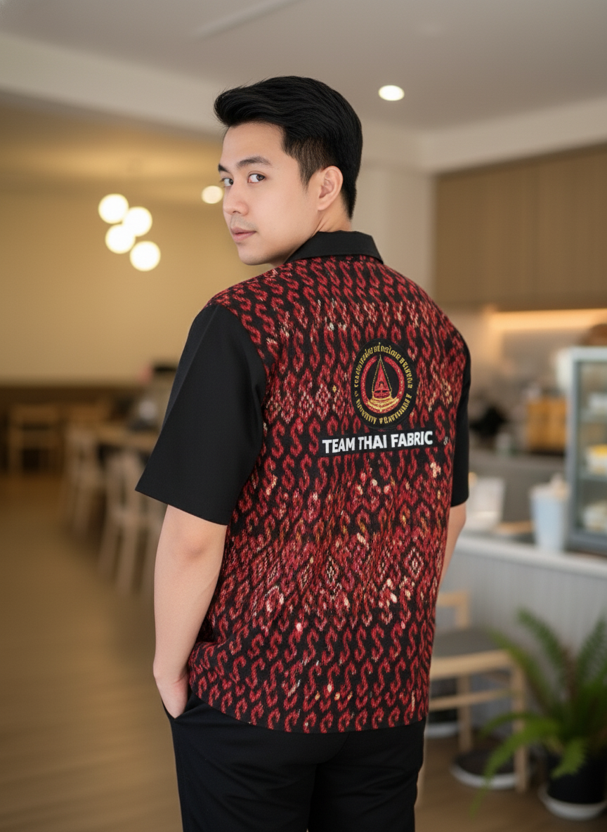 เสื้อทีมผ้าไทย ลายมัดหมี่ด้านหลัง แดง-ดำ เสื้อทีมผ้าไทย ลายมัดหมี่ด้านหลัง แดง-ดำ