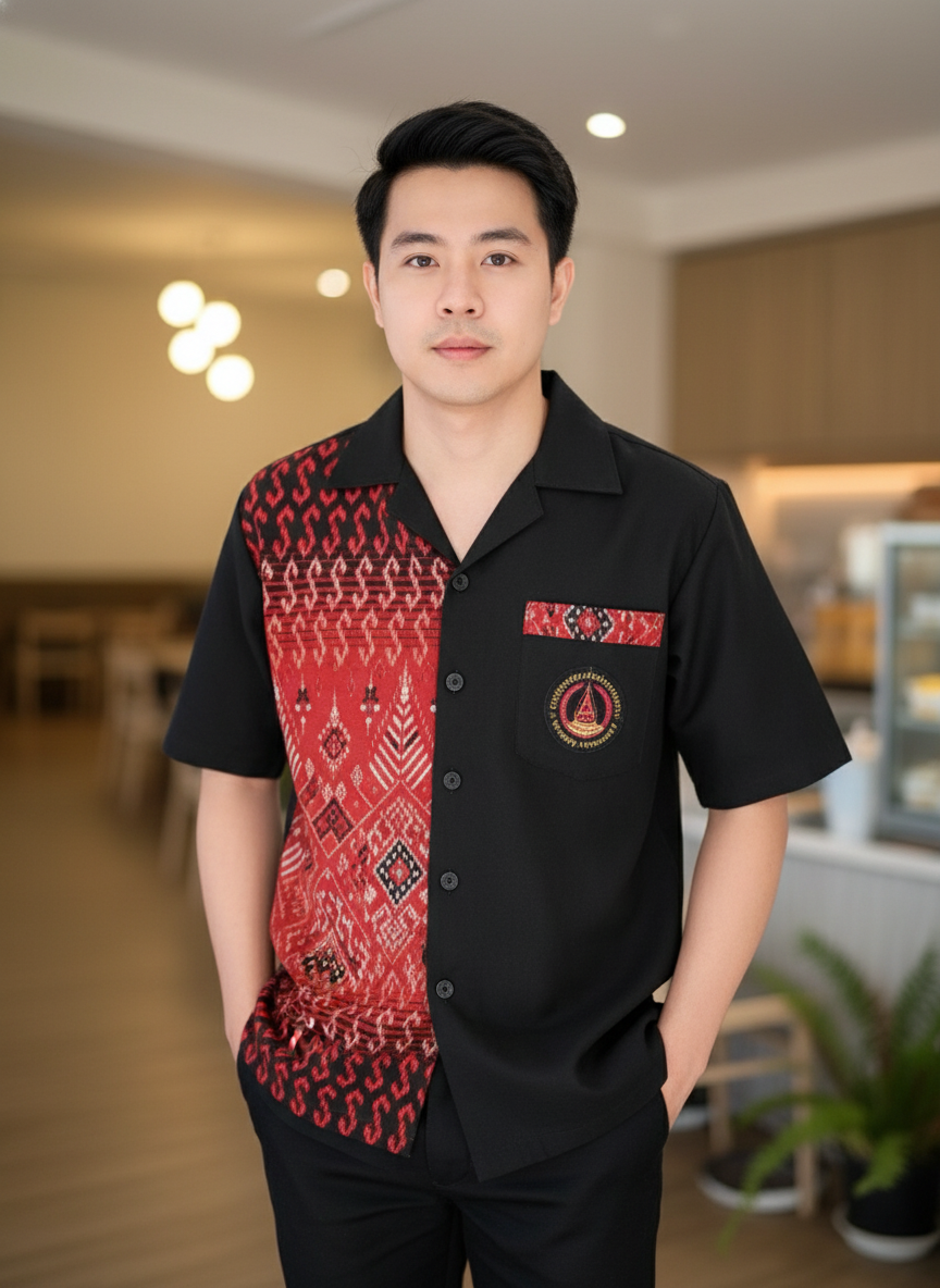 เสื้อทีมผ้าไทย ออกแบบ/รับผลิตเสื้อทีมผ้าไทย แดง-ดำ ด้านหน้า เสื้อทีมผ้าไทย ออกแบบ/รับผลิตเสื้อทีมผ้าไทย แดง-ดำ ด้านหน้า