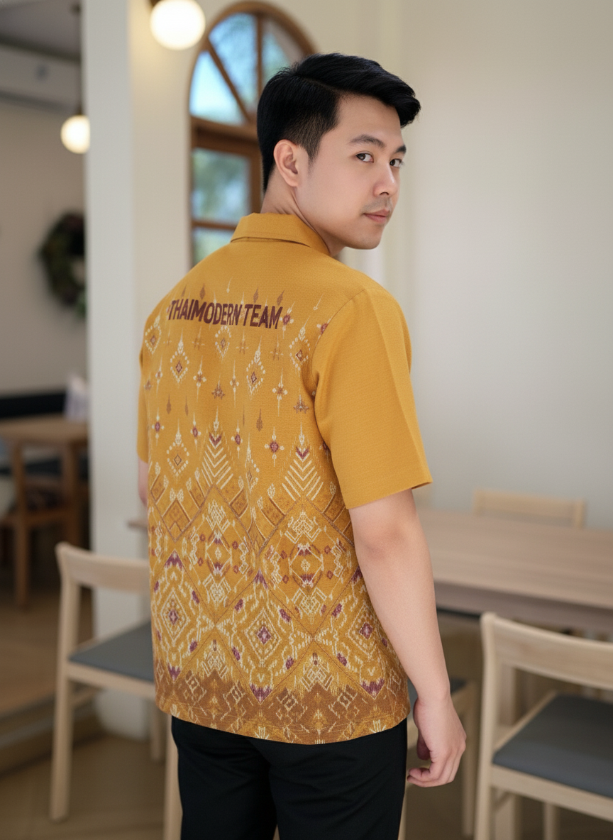 เสื้อทีมผ้าไทย ลายมัดหมี่ ด้านหลัง เสื้อทีมผ้าไทย ลายมัดหมี่ ด้านหลัง