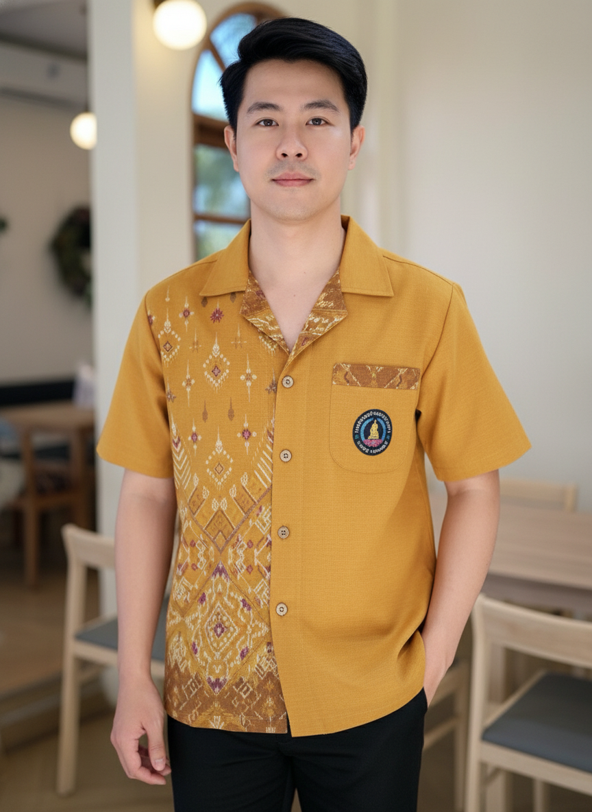 ออกแบบเสื้อทีมผ้าไทย รับผลิตเสื้อทีมผ้าไทย ทรงฮาวาย ด้านหน้า ออกแบบเสื้อทีมผ้าไทย รับผลิตเสื้อทีมผ้าไทย ทรงฮาวาย ด้านหน้า