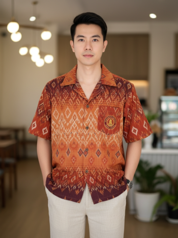 ออกแบบเสื้อทีมผ้าไทย รับผลิตเสื้อทีมผ้าไทย ทรงฮาวาย ด้านหน้า