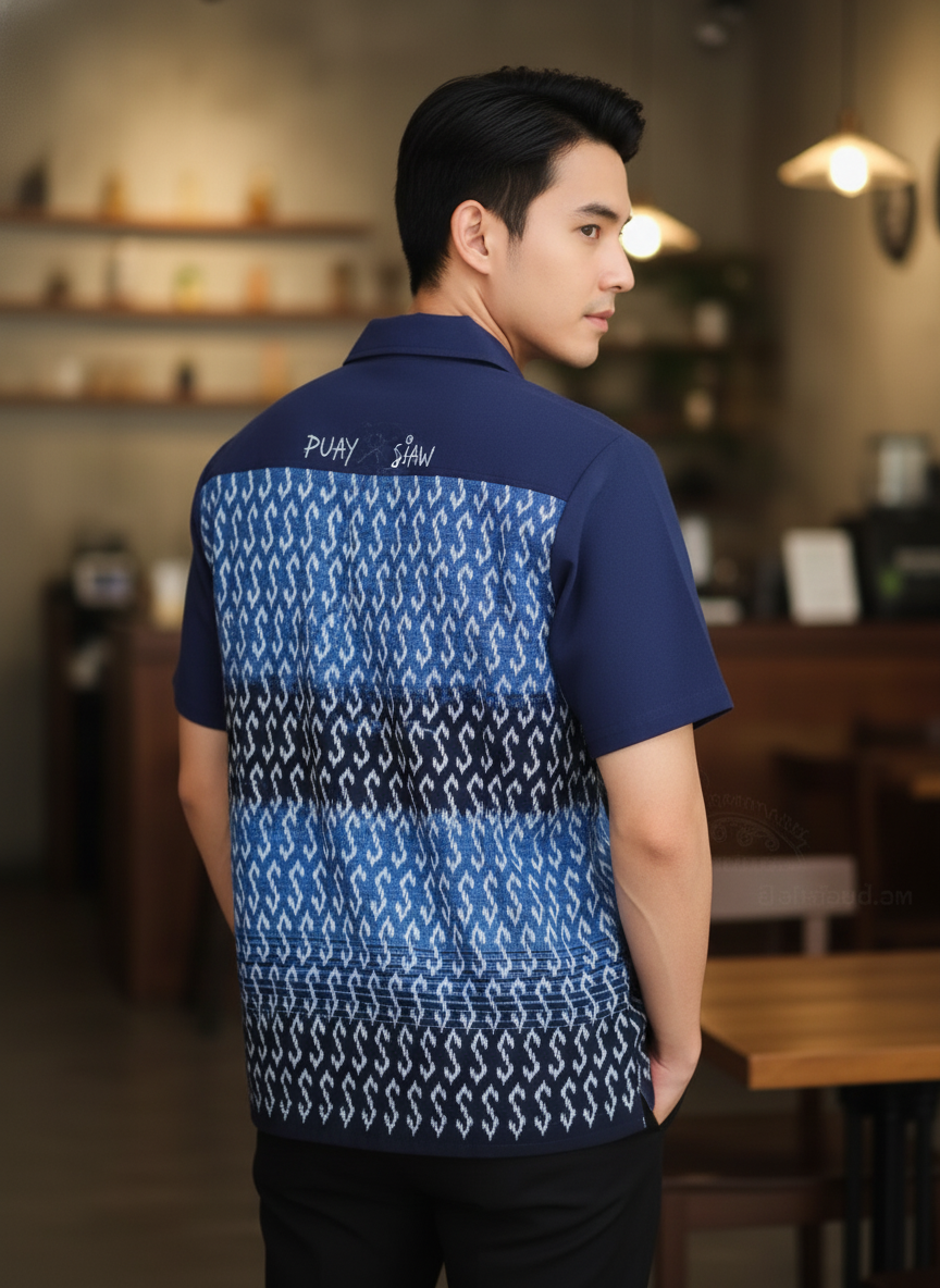 เสื้อทีมผ้าไทย ลายมัดหมี่ ด้านหลัง เสื้อทีมผ้าไทย ลายมัดหมี่ ด้านหลัง