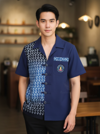 ออกแบบเสื้อทีมผ้าไทย รับผลิตเสื้อทีมผ้าไทย ทรงฮาวาย ด้านหน้า