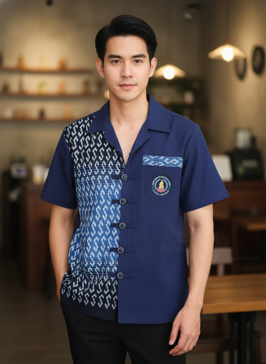 ออกแบบเสื้อทีมผ้าไทย รับผลิตเสื้อทีมผ้าไทย ทรงฮาวาย ด้านหน้า ออกแบบเสื้อทีมผ้าไทย รับผลิตเสื้อทีมผ้าไทย ทรงฮาวาย ด้านหน้า