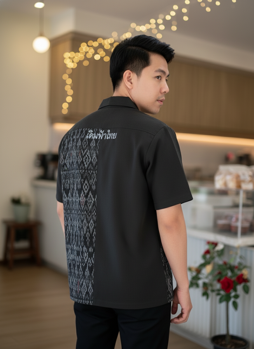 เสื้อทีมผ้าไทย ลายมัดหมี่ ด้านหลัง เสื้อทีมผ้าไทย ลายมัดหมี่ ด้านหลัง