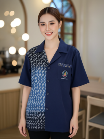 ออกแบบเสื้อทีมผ้าไทย รับผลิตเสื้อทีมผ้าไทย ทรงฮาวาย ด้านหน้า