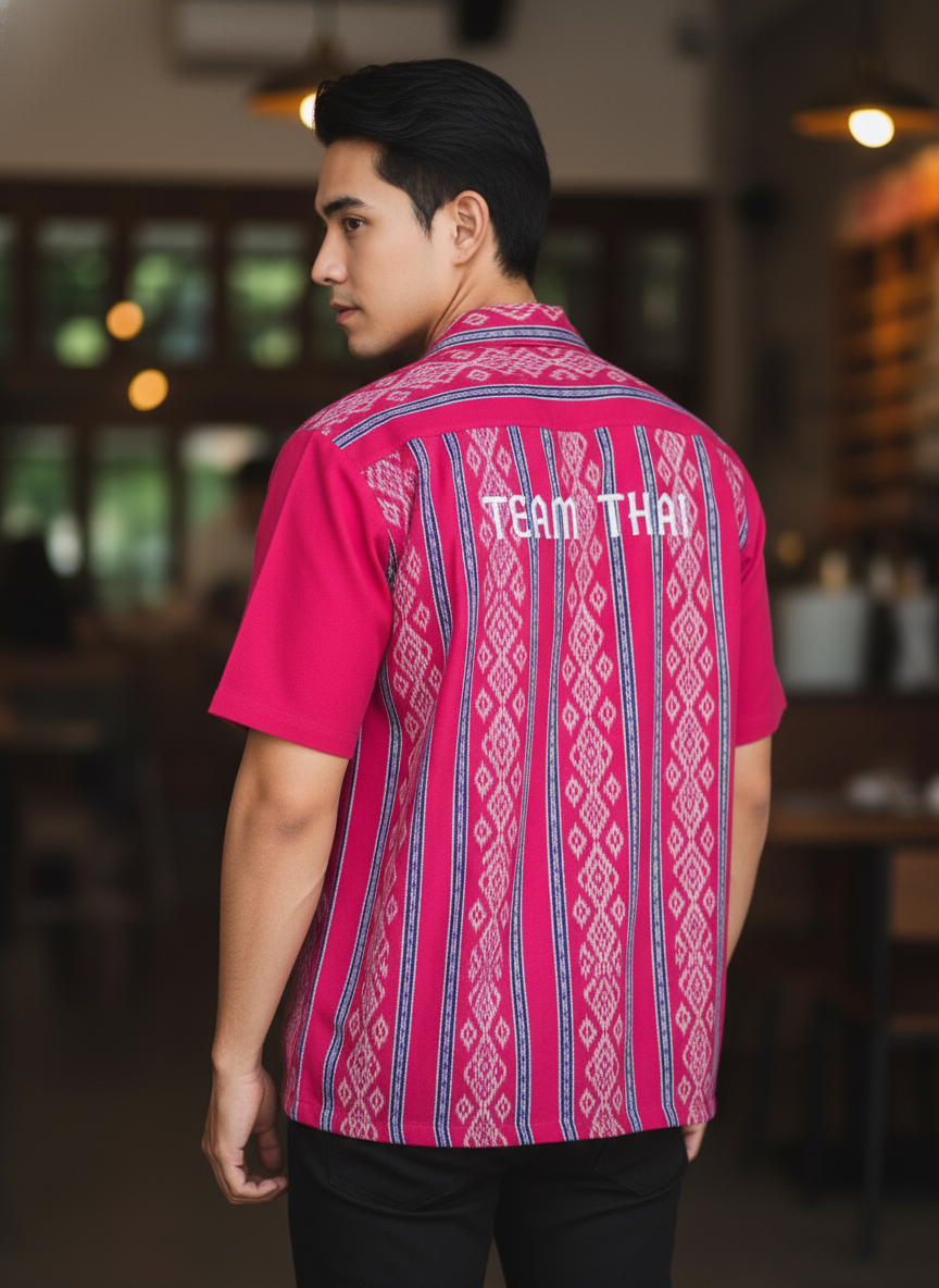 เสื้อทีมผ้าไทย ลายมัดหมี่ ด้านหลัง เสื้อทีมผ้าไทย ลายมัดหมี่ ด้านหลัง