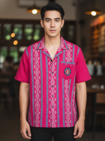 ออกแบบเสื้อทีมผ้าไทย รับผลิตเสื้อทีมผ้าไทย ทรงฮาวาย ด้านหน้า