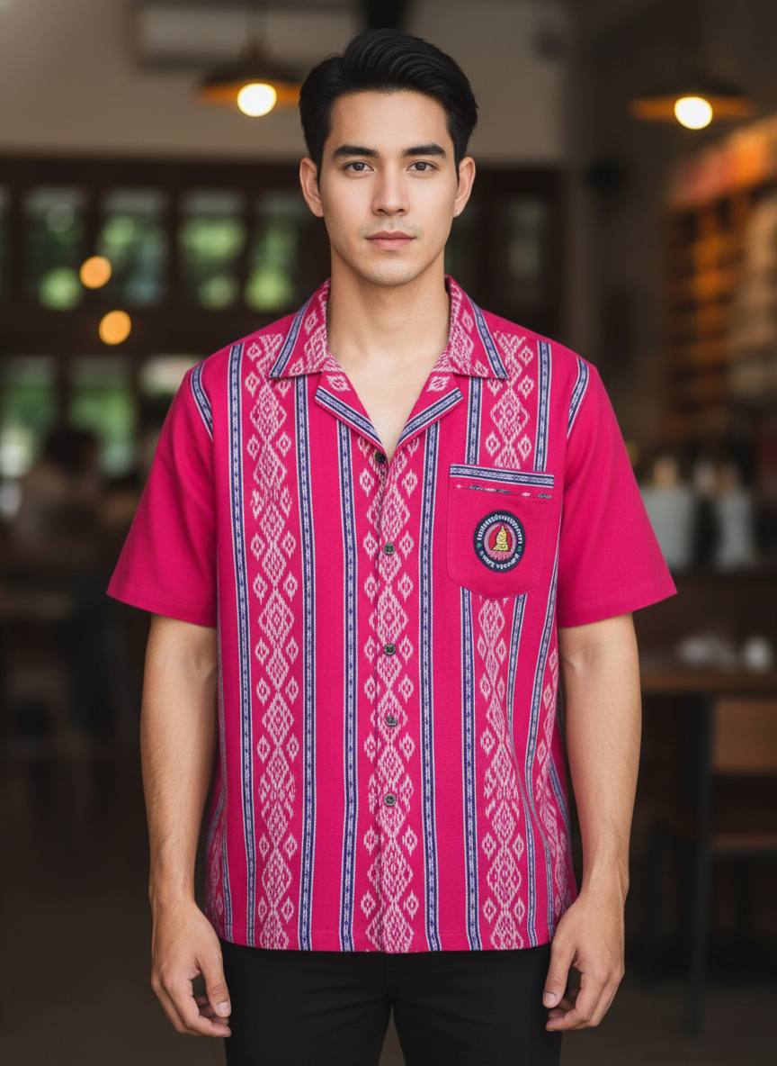 ออกแบบเสื้อทีมผ้าไทย รับผลิตเสื้อทีมผ้าไทย ทรงฮาวาย ด้านหน้า ออกแบบเสื้อทีมผ้าไทย รับผลิตเสื้อทีมผ้าไทย ทรงฮาวาย ด้านหน้า