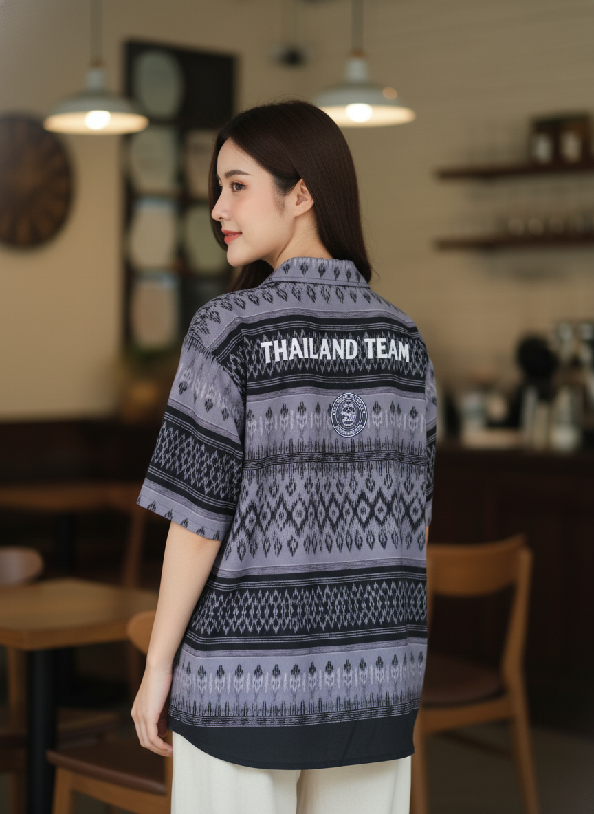 เสื้อทีมผ้าไทย ลายมัดหมี่ ด้านหลัง เสื้อทีมผ้าไทย ลายมัดหมี่ ด้านหลัง