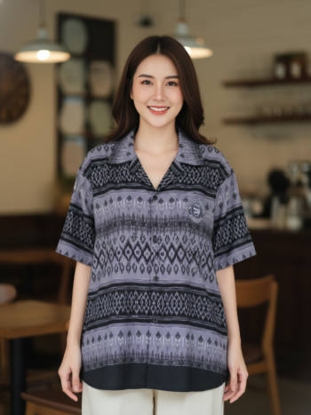 ออกแบบเสื้อทีมผ้าไทย รับผลิตเสื้อทีมผ้าไทย ทรงฮาวาย ด้านหน้า