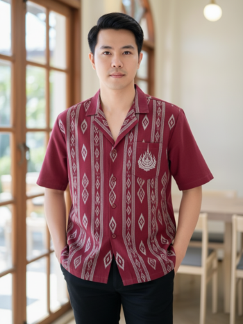 ออกแบบเสื้อทีมผ้าไทย รับผลิตเสื้อทีมผ้าไทย ทรงฮาวาย ด้านหน้า