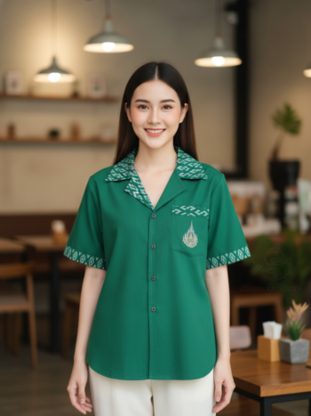 ออกแบบเสื้อทีมผ้าไทย รับผลิตเสื้อทีมผ้าไทย ทรงฮาวาย ด้านหน้า