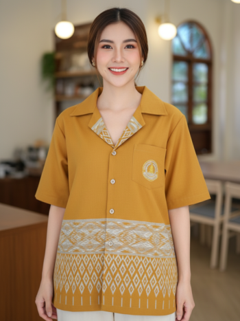 ออกแบบเสื้อทีมผ้าไทย รับผลิตเสื้อทีมผ้าไทย ทรงฮาวาย ด้านหน้า