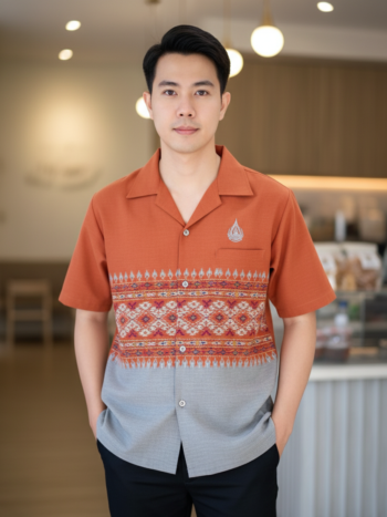 ออกแบบเสื้อทีมผ้าไทย รับผลิตเสื้อทีมผ้าไทย ทรงฮาวาย ด้านหน้า
