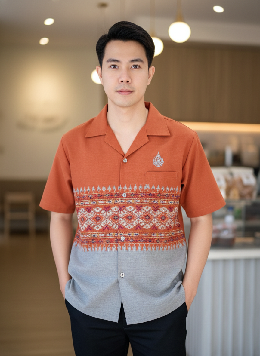 ออกแบบเสื้อทีมผ้าไทย รับผลิตเสื้อทีมผ้าไทย ทรงฮาวาย ด้านหน้า ออกแบบเสื้อทีมผ้าไทย รับผลิตเสื้อทีมผ้าไทย ทรงฮาวาย ด้านหน้า