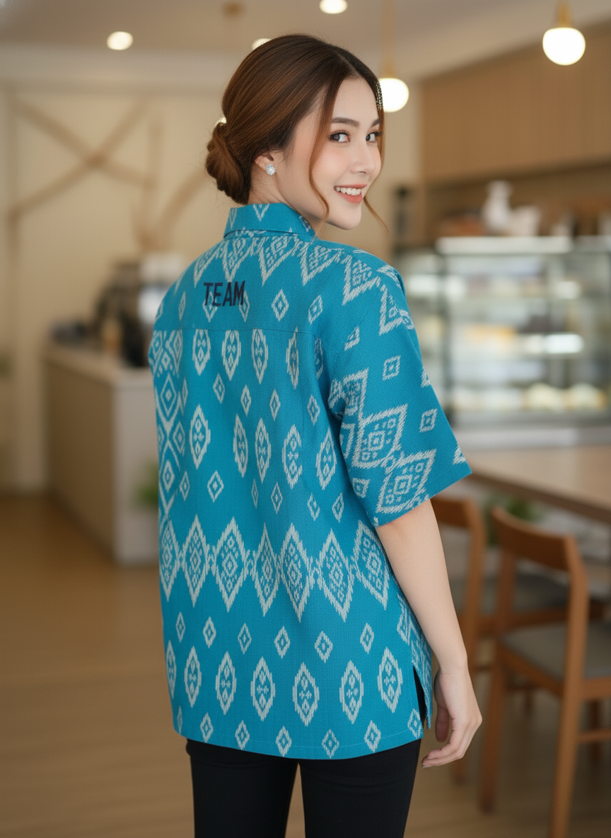 เสื้อทีมผ้าไทย ลายมัดหมี่ ด้านหลัง เสื้อทีมผ้าไทย ลายมัดหมี่ ด้านหลัง