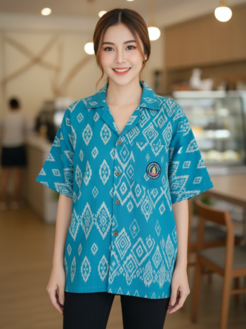 ออกแบบเสื้อทีมผ้าไทย รับผลิตเสื้อทีมผ้าไทย ทรงฮาวาย ด้านหน้า