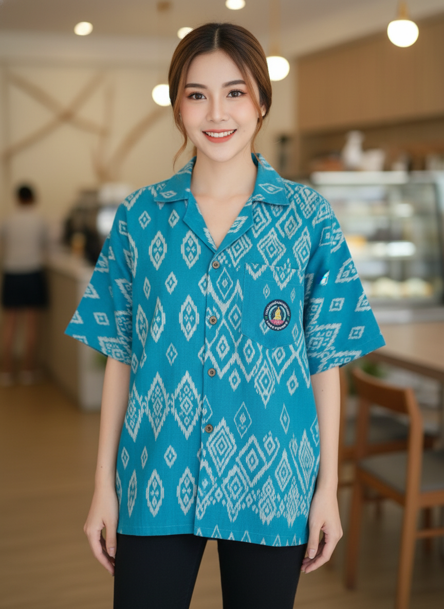 ออกแบบเสื้อทีมผ้าไทย รับผลิตเสื้อทีมผ้าไทย ทรงฮาวาย ด้านหน้า ออกแบบเสื้อทีมผ้าไทย รับผลิตเสื้อทีมผ้าไทย ทรงฮาวาย ด้านหน้า