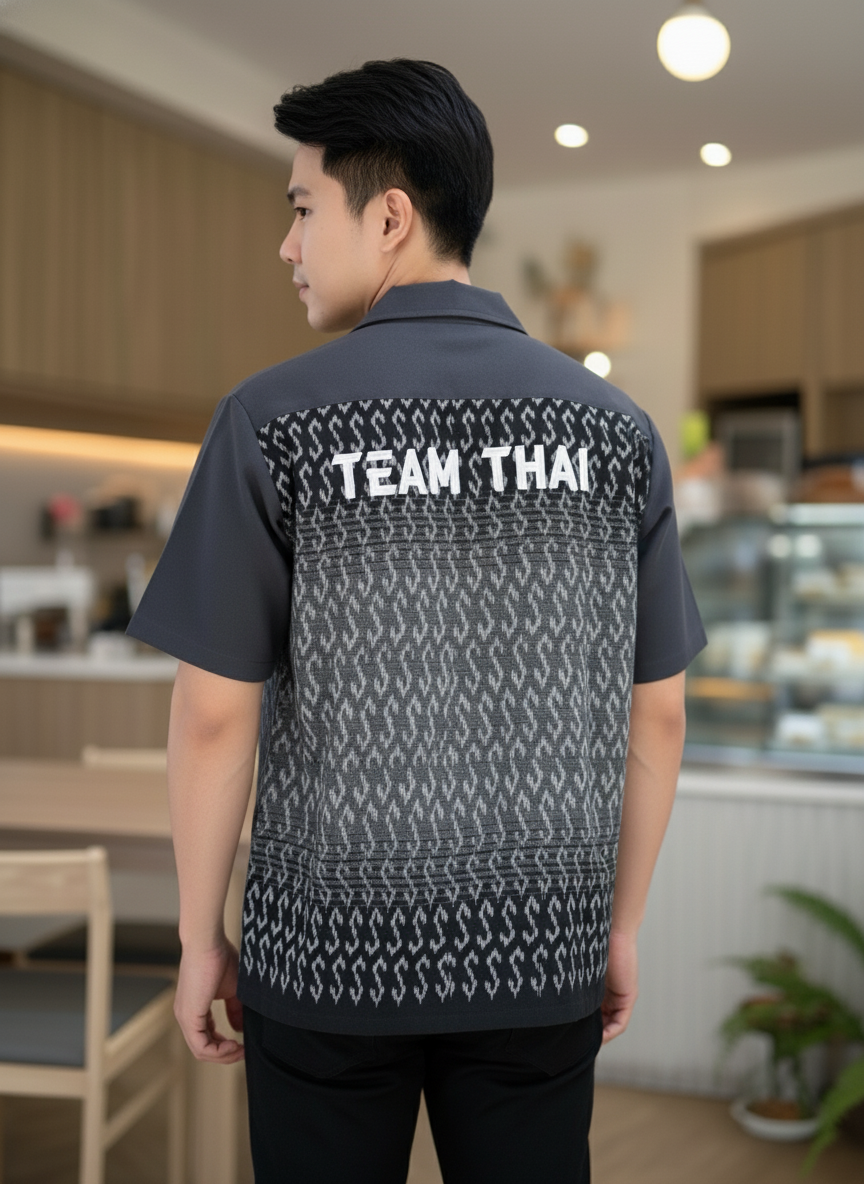 เสื้อทีมผ้าไทย ลายมัดหมี่ ด้านหลัง เสื้อทีมผ้าไทย ลายมัดหมี่ ด้านหลัง