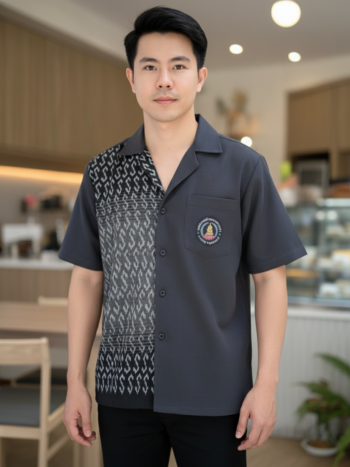 ออกแบบเสื้อทีมผ้าไทย รับผลิตเสื้อทีมผ้าไทย ทรงฮาวาย ด้านหน้า