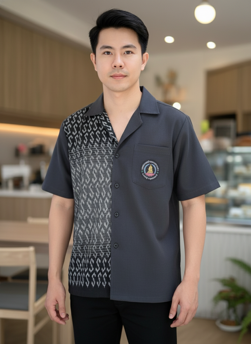 ออกแบบเสื้อทีมผ้าไทย รับผลิตเสื้อทีมผ้าไทย ทรงฮาวาย ด้านหน้า ออกแบบเสื้อทีมผ้าไทย รับผลิตเสื้อทีมผ้าไทย ทรงฮาวาย ด้านหน้า