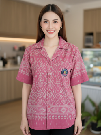 ออกแบบเสื้อทีมผ้าไทย รับผลิตเสื้อทีมผ้าไทย ทรงฮาวาย ด้านหน้า