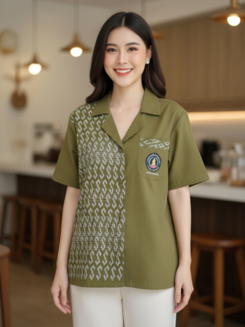ออกแบบเสื้อทีมผ้าไทย รับผลิตเสื้อทีมผ้าไทย ทรงฮาวาย ด้านหน้า