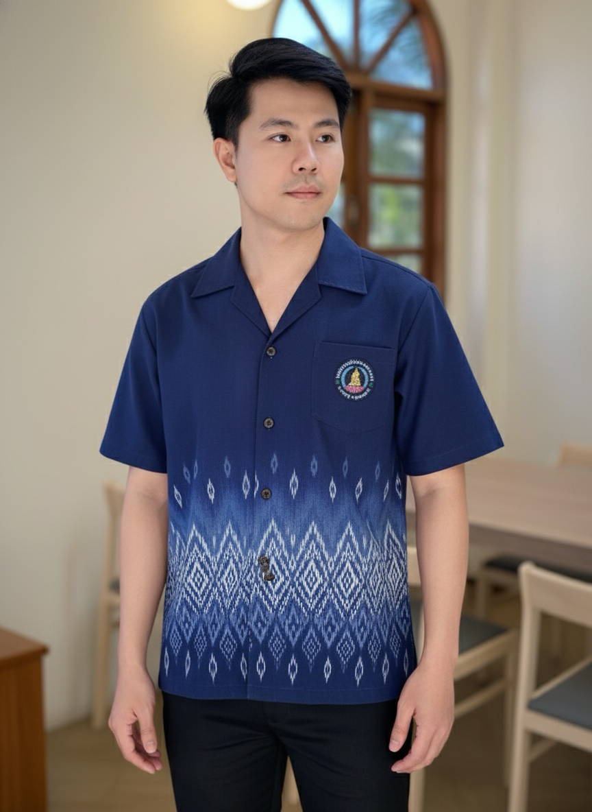 ออกแบบเสื้อทีมผ้าไทย รับผลิตเสื้อทีมผ้าไทย ทรงฮาวาย ด้านหน้า ออกแบบเสื้อทีมผ้าไทย รับผลิตเสื้อทีมผ้าไทย ทรงฮาวาย ด้านหน้า