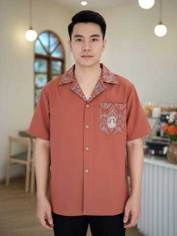 ออกแบบเสื้อทีมผ้าไทย รับผลิตเสื้อทีมผ้าไทย ทรงฮาวาย ด้านหน้า