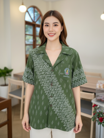 ออกแบบเสื้อทีมผ้าไทย รับผลิตเสื้อทีมผ้าไทย ทรงฮาวาย ด้านหน้า