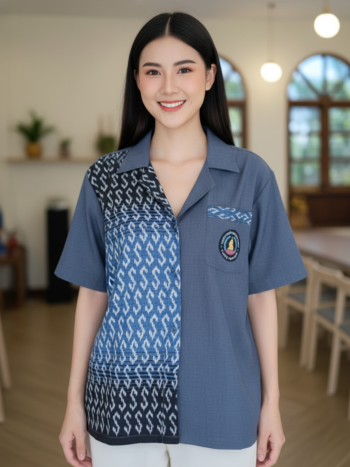 ออกแบบเสื้อทีมผ้าไทย รับผลิตเสื้อทีมผ้าไทย ทรงฮาวาย ด้านหน้า
