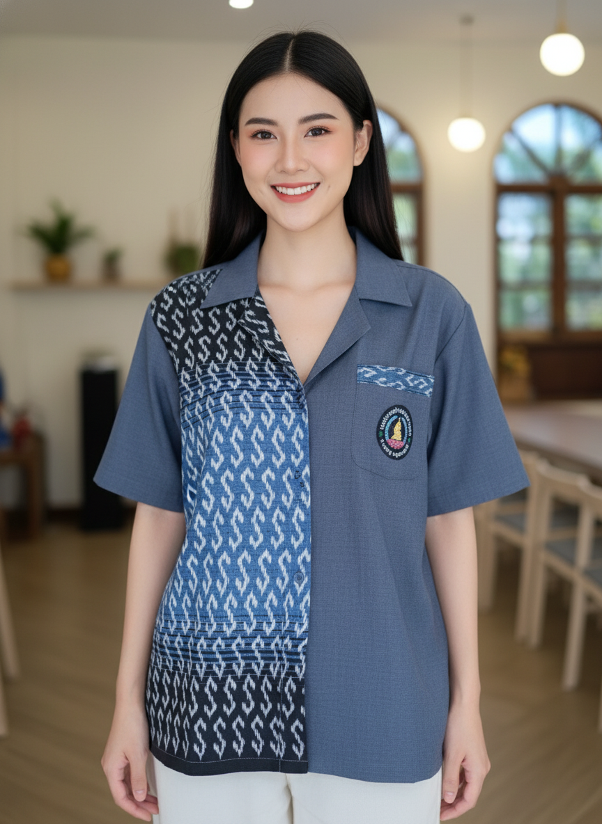 ออกแบบเสื้อทีมผ้าไทย รับผลิตเสื้อทีมผ้าไทย ทรงฮาวาย ด้านหน้า ออกแบบเสื้อทีมผ้าไทย รับผลิตเสื้อทีมผ้าไทย ทรงฮาวาย ด้านหน้า