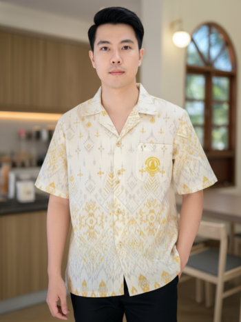 ออกแบบเสื้อทีมผ้าไทย รับผลิตเสื้อทีมผ้าไทย ทรงฮาวาย ด้านหน้า